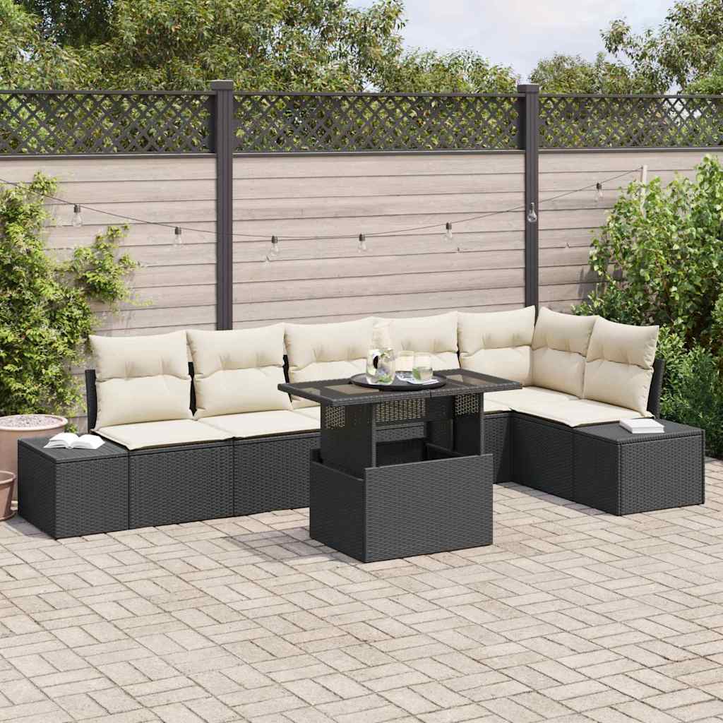 Gartensofa-set mit Kissen 7 pcs Schwarz Poly-Rattan