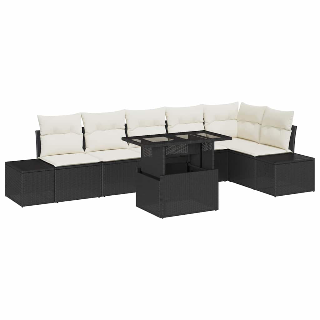 Gartensofa-set mit Kissen 7 pcs Schwarz Poly-Rattan