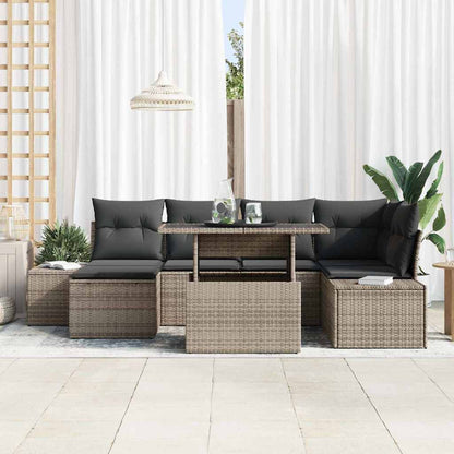 Garten-Sofa-Set mit Speicher 7 pcs Grau Poly Rattan
