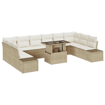Garten-Sofa-Set mit Speicher 11 pcs Beige Poly Rattan