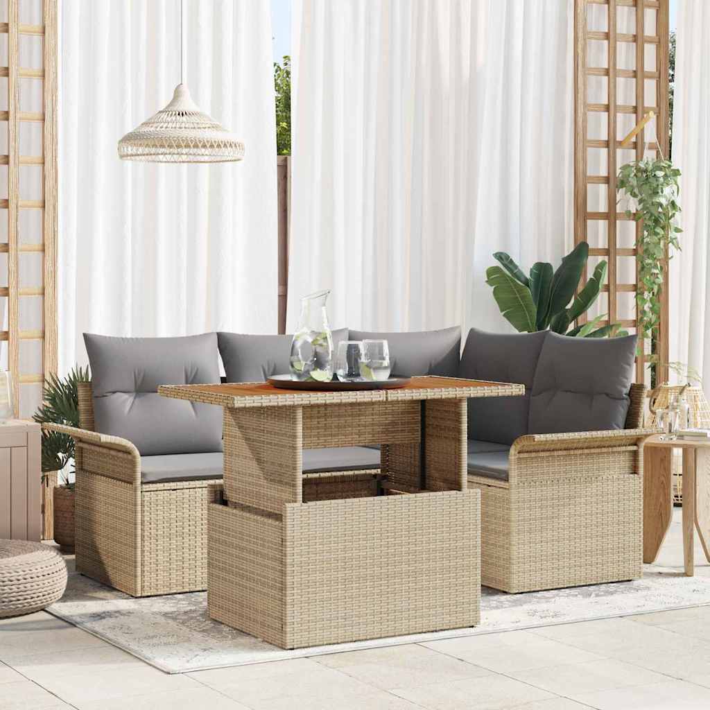 Garten-Sofa-Set mit Speicher 5 pcs Beige Poly Rattan