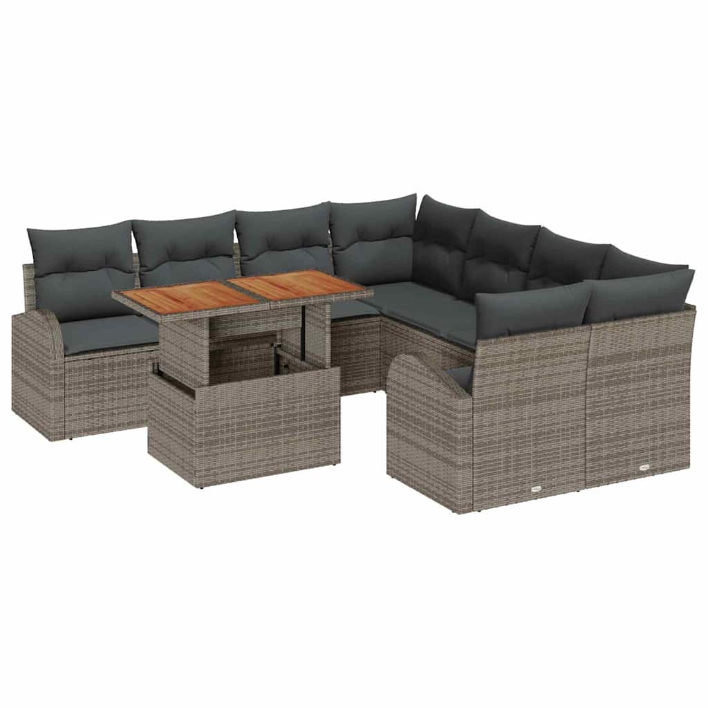 Garten-Sofa-Set mit Speicher 9 pcs Grau Poly Rattan