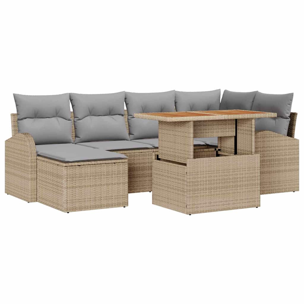 Garten-Sofa-Set mit Speicher 7 pcs Beige Poly Rattan