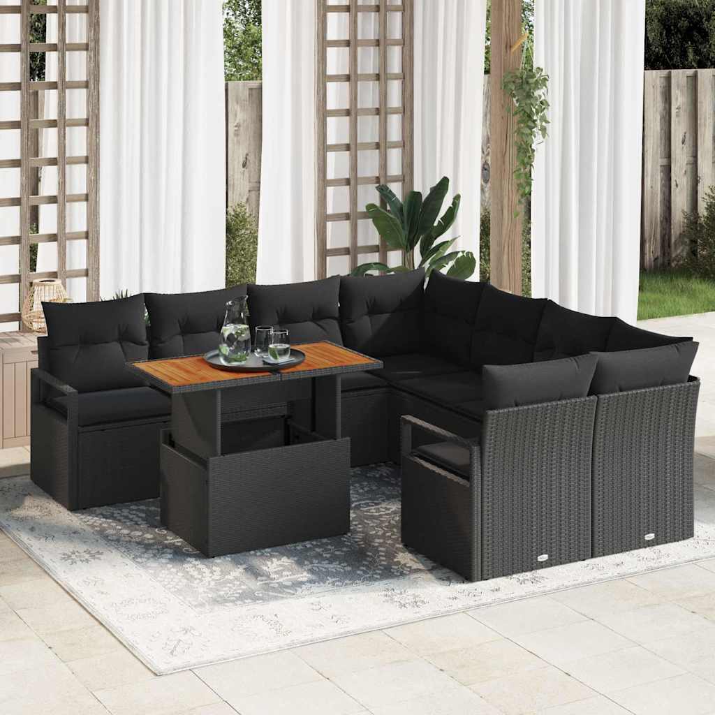 Garten-Sofa-Set mit Speicher 9 pcs Schwarz Poly Rattan