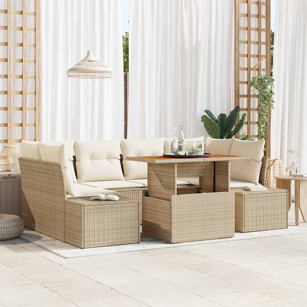 Garten-Sofa-Set mit Speicher 7 pcs Beige Poly Rattan