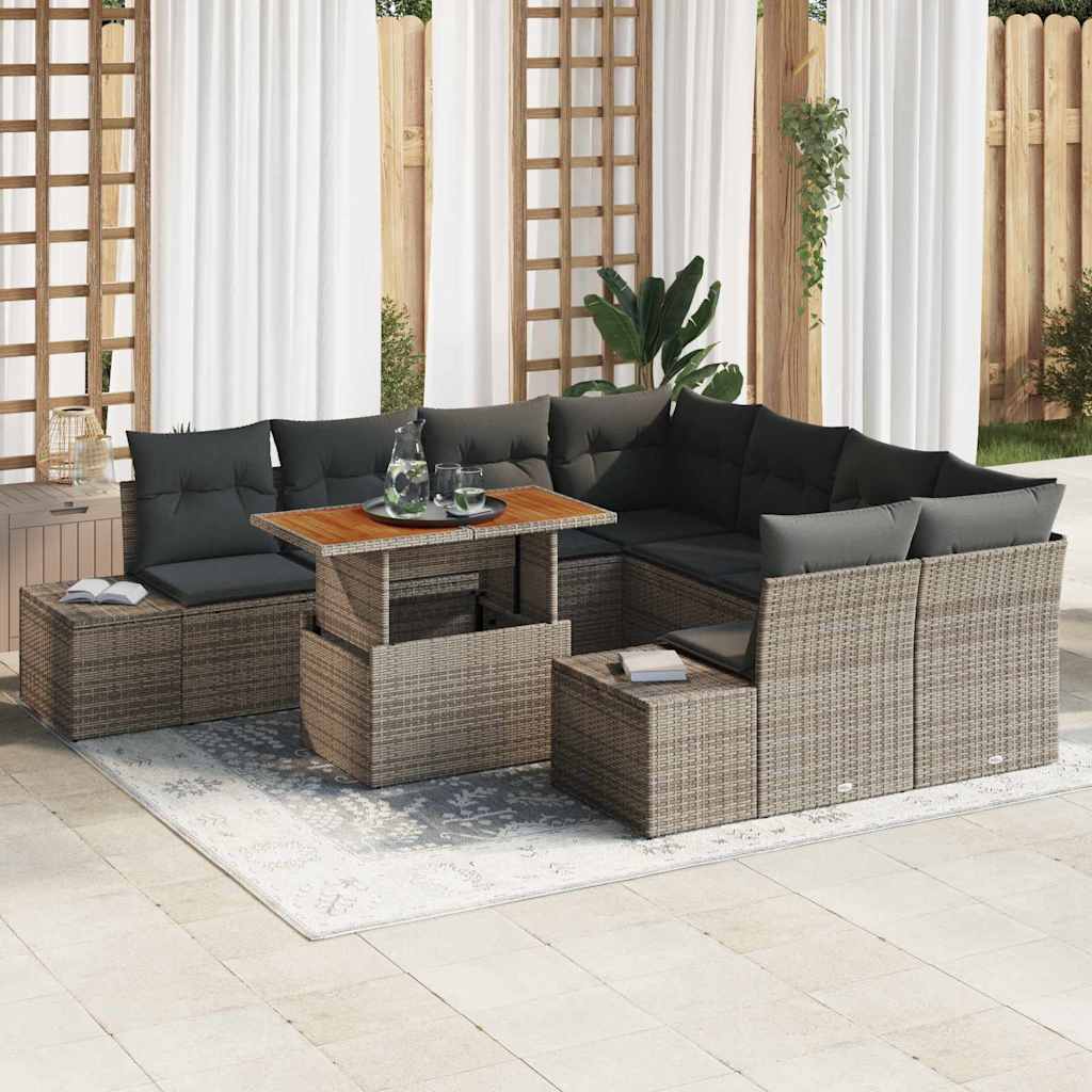 Garten-Sofa-Set mit Speicher 9 pcs Grau Poly Rattan