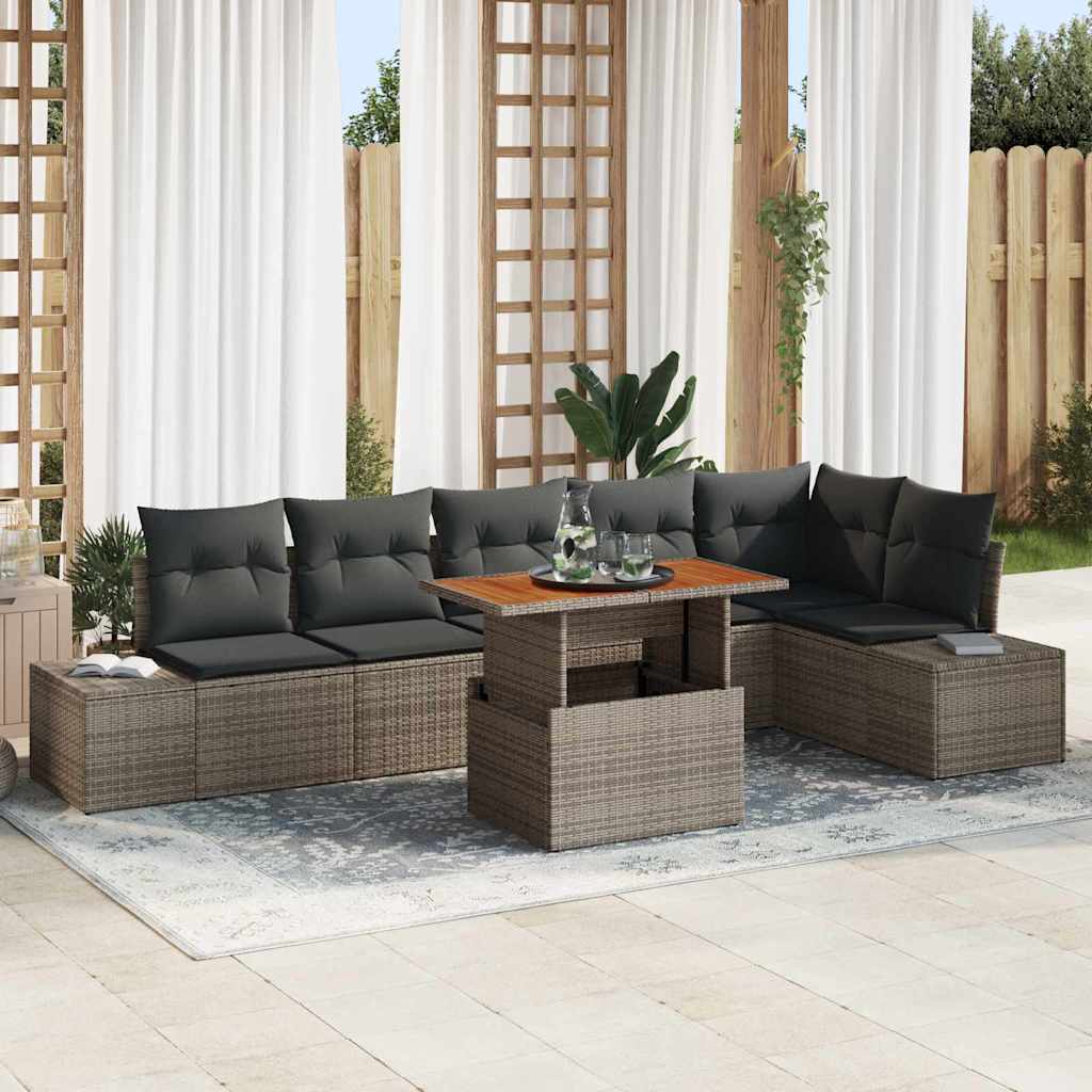 Garten-Sofa-Set mit Speicher 7 pcs Grau Poly Rattan