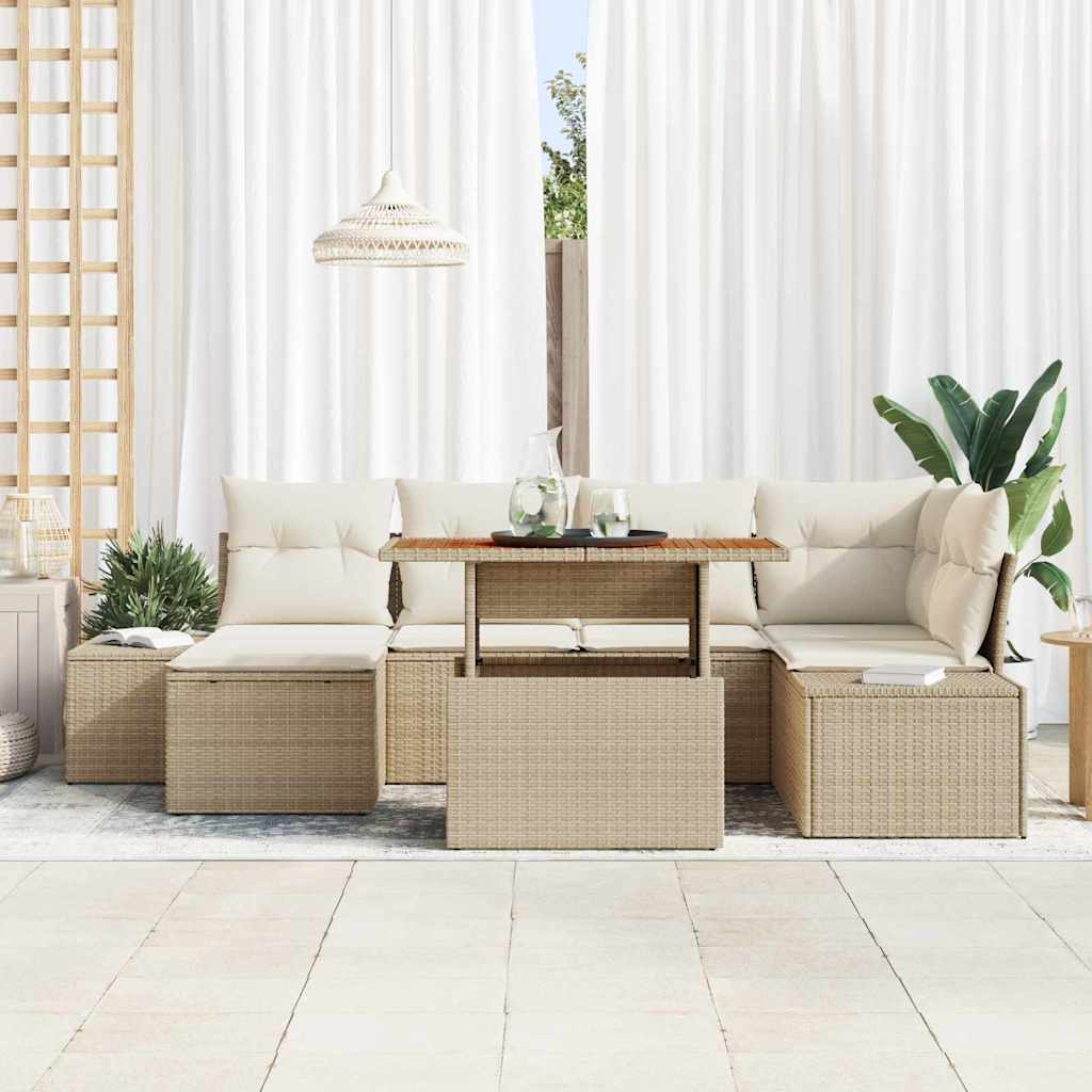Garten-Sofa-Set mit Speicher 7 pcs Beige Poly Rattan