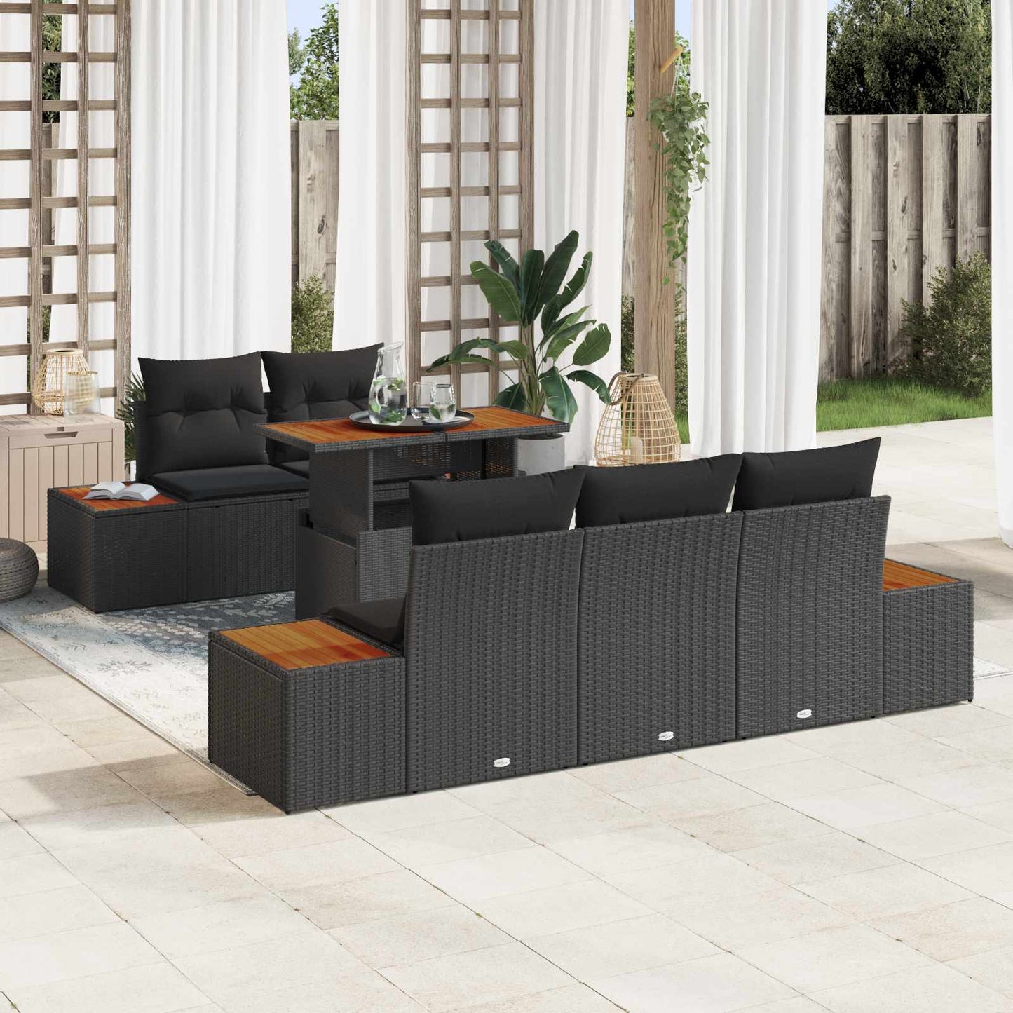 Garten-Sofa-Set mit Speicher 6 pcs Schwarz Poly Rattan