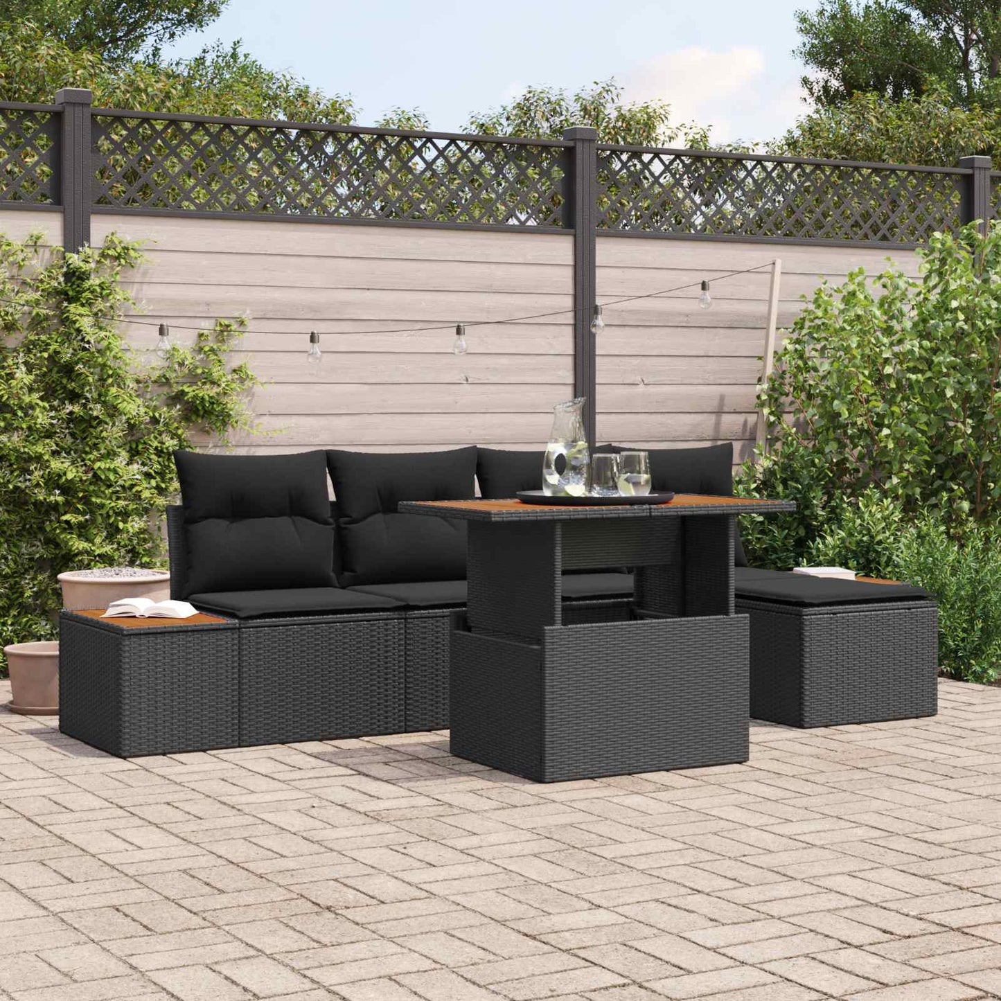 Garten-Sofa-Set mit Speicher 6 pcs Schwarz Poly Rattan