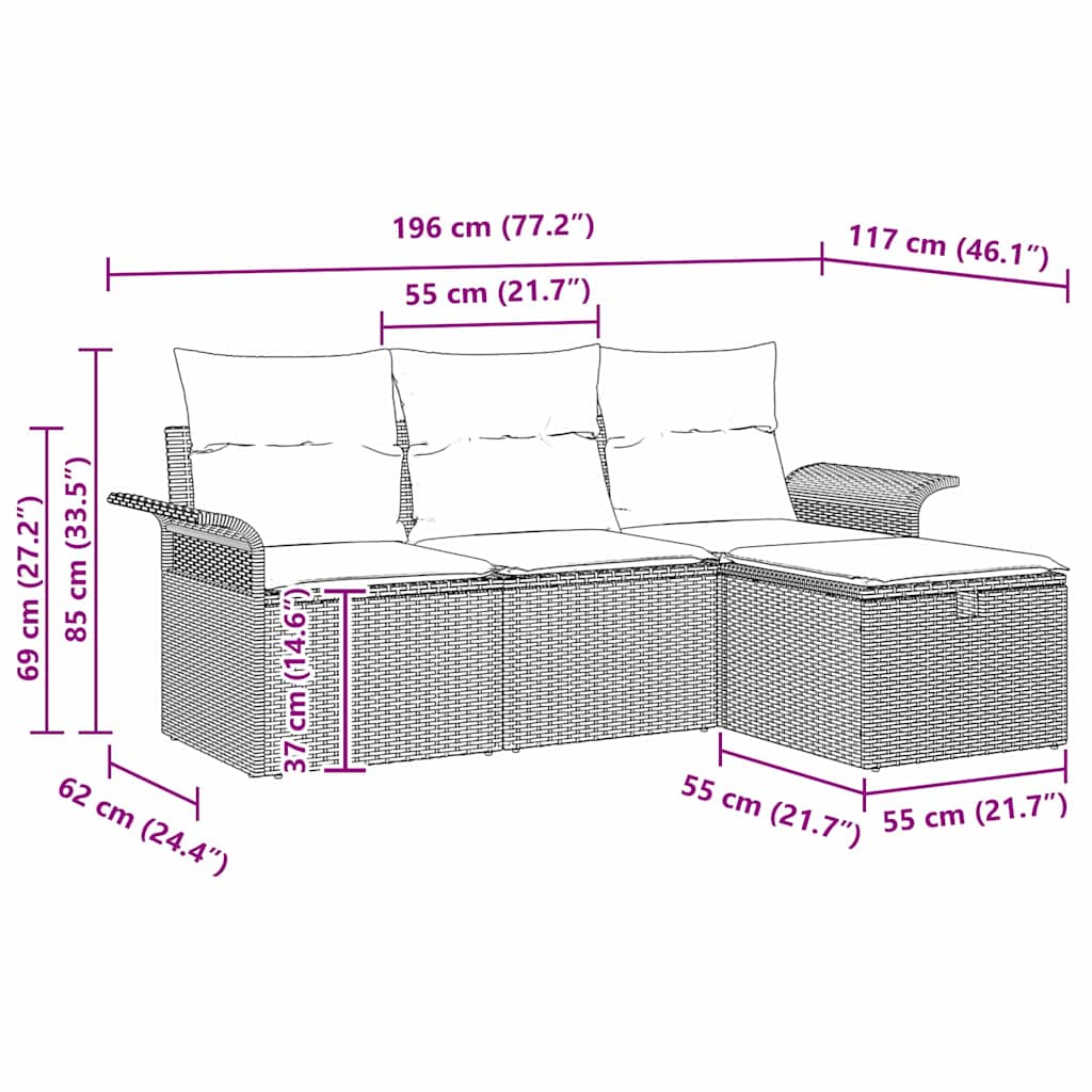 Gartensofa-set mit Kissen mit Speicher 4 pcs Grau Poly-Rattan