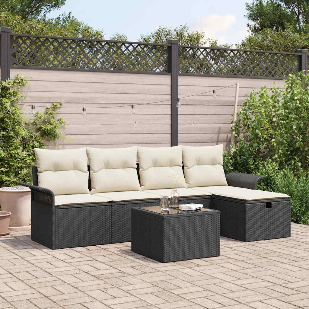 Gartensofa-set mit Kissen 6 pcs Schwarz und Creme Poly-Rattan