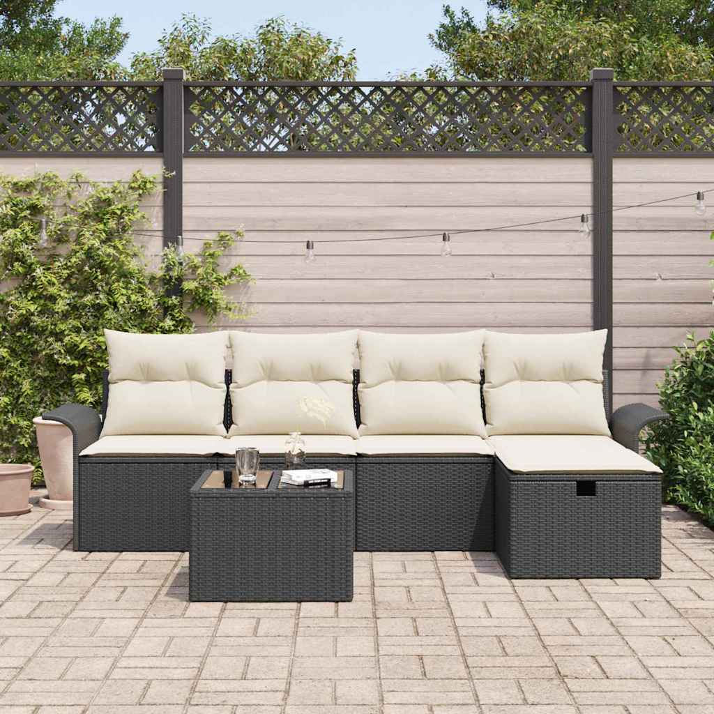 Gartensofa-set mit Kissen 6 pcs Schwarz und Creme Poly-Rattan