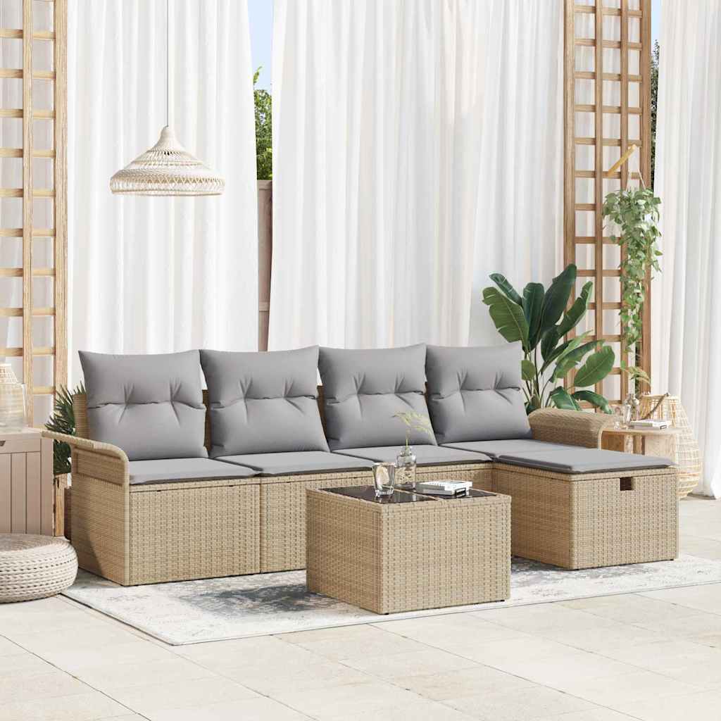 Gartensofa-set mit Kissen 6 pcs Beige und Hellgrau Poly-Rattan
