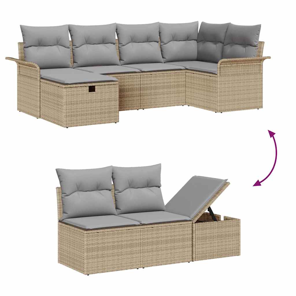 Gartensofa-set mit Kissen 6 pcs Beige und Hellgrau Poly-Rattan