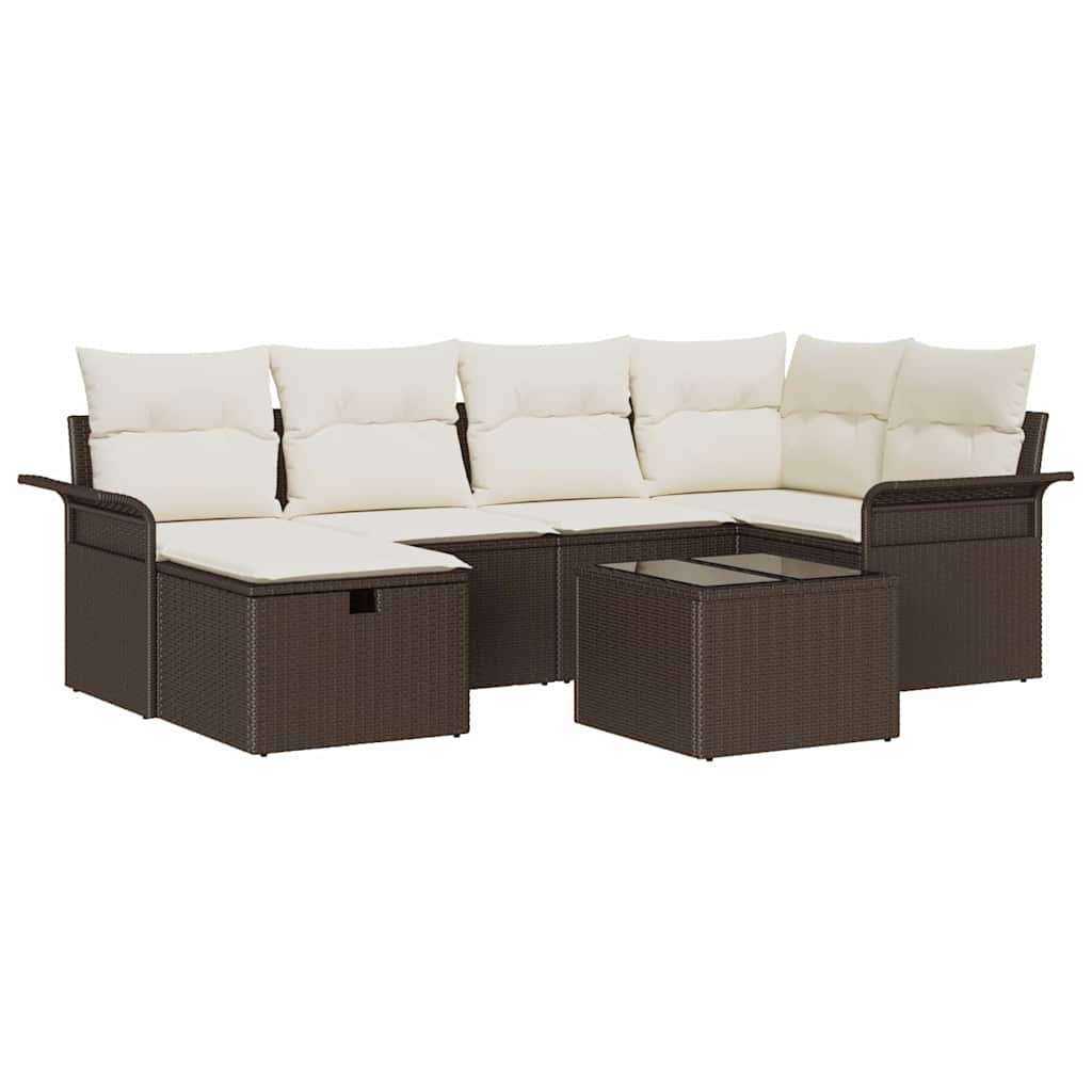 Gartensofa-set mit Kissen 7 pcs Braun und Creme Poly-Rattan