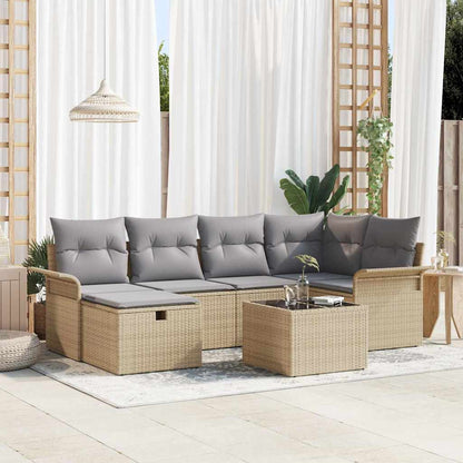Gartensofa-set mit Kissen 7 pcs Beige und Hellgrau Poly-Rattan
