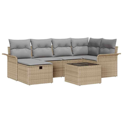 Gartensofa-set mit Kissen 7 pcs Beige und Hellgrau Poly-Rattan