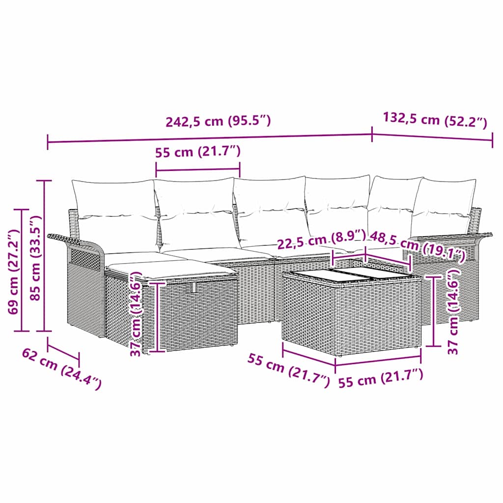Gartensofa-set mit Kissen 7 pcs Beige und Hellgrau Poly-Rattan