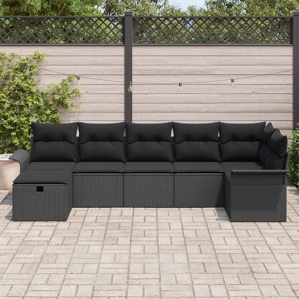 Gartensofa-set mit Kissen 7 pcs Schwarz Poly-Rattan