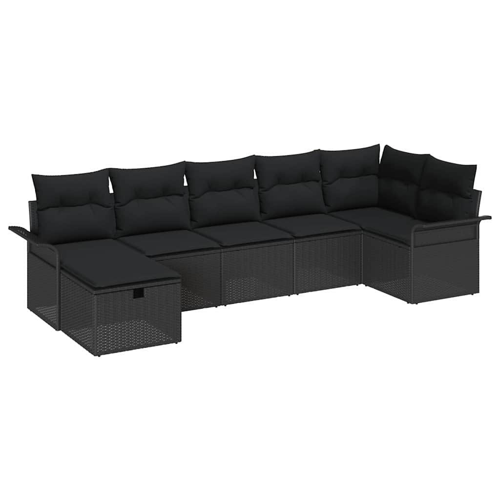 Gartensofa-set mit Kissen 7 pcs Schwarz Poly-Rattan