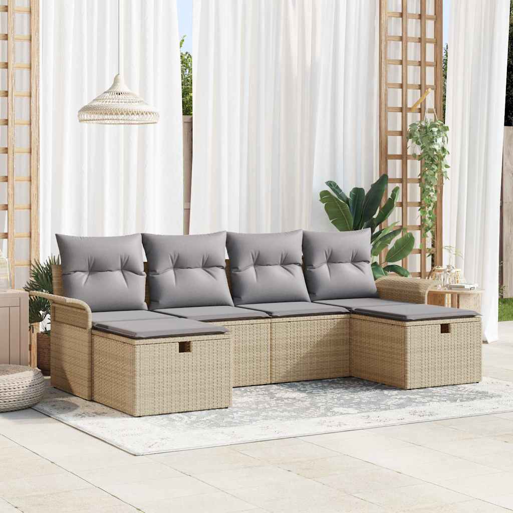 Gartensofa-set mit Kissen 6 pcs Beige und Hellgrau Poly-Rattan