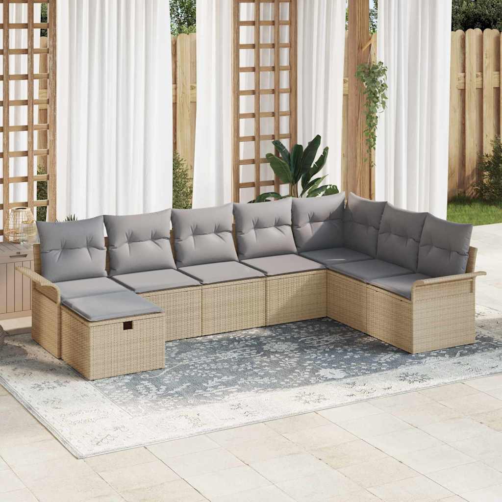 Gartensofa-set mit Kissen 8 pcs Beige und Hellgrau Poly-Rattan