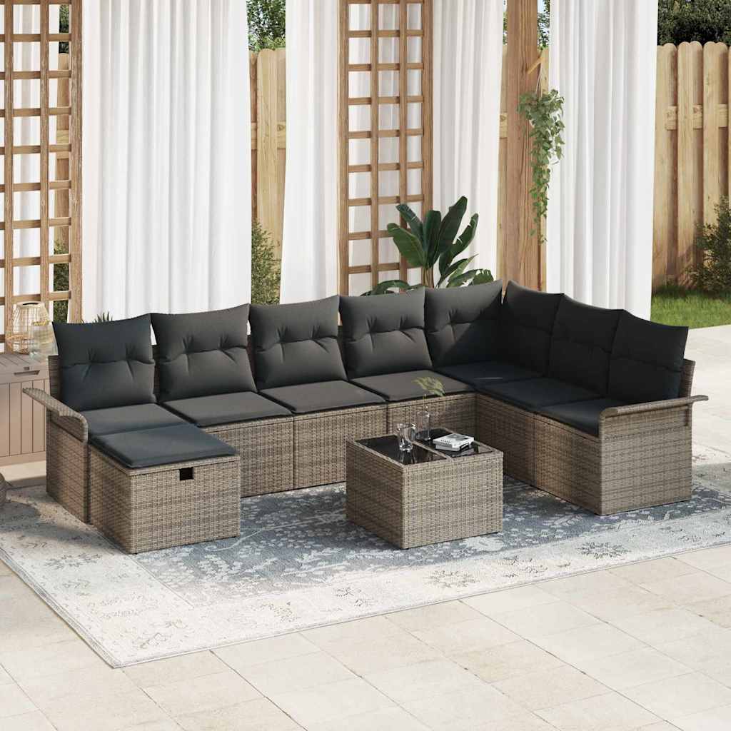 vidaXL Salon de jardin avec coussins et rangements 9 pcs Gris Résine tressée