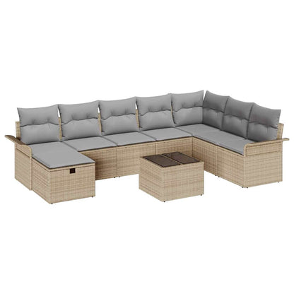 Gartensofa-set mit Kissen 9 pcs Beige und Hellgrau Poly-Rattan