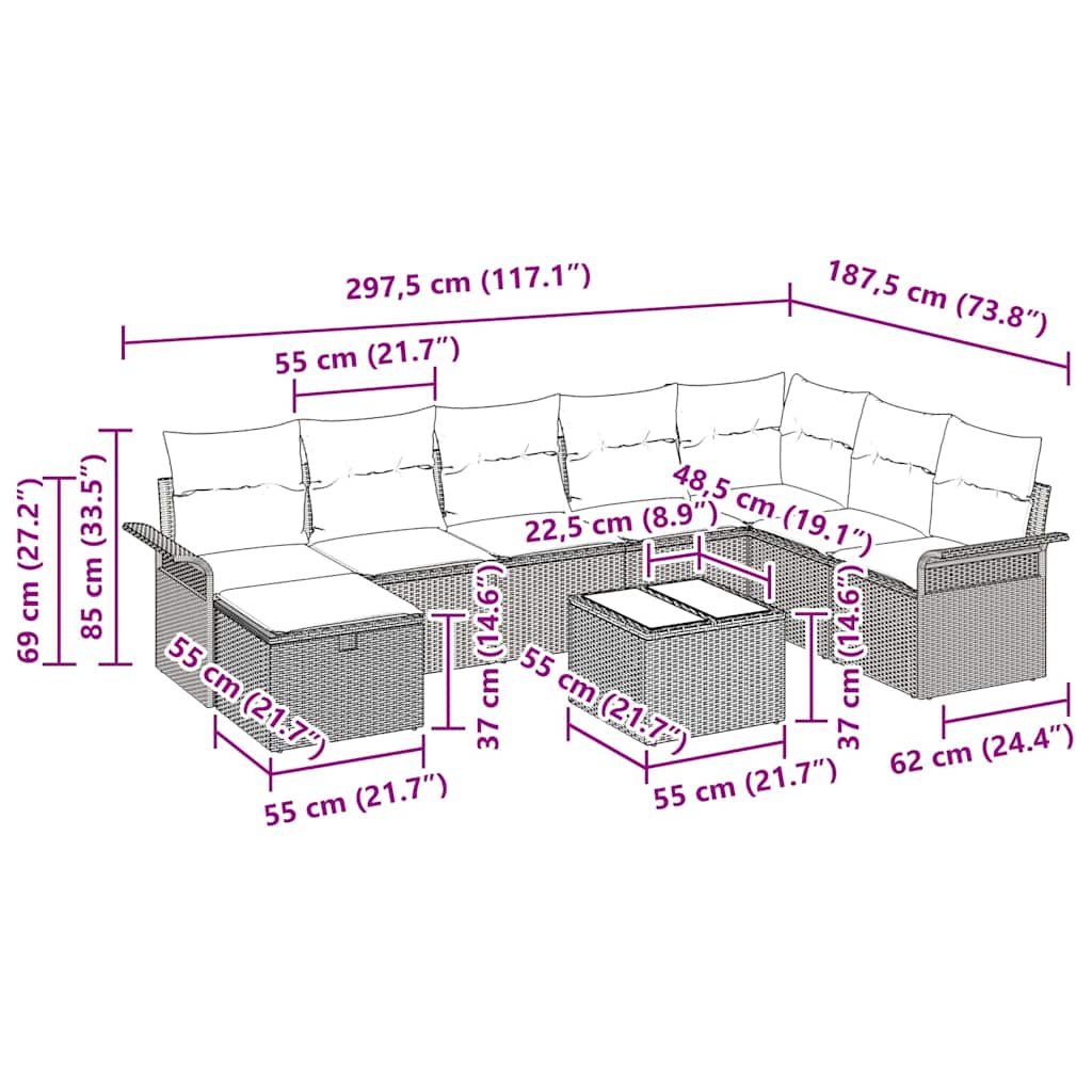 Gartensofa-set mit Kissen 9 pcs Beige und Creme Poly-Rattan