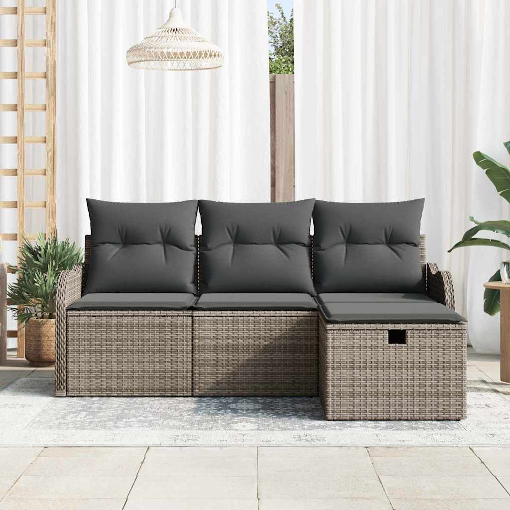 Gartensofa-set mit Kissen mit Speicher 4 pcs Grau Poly-Rattan