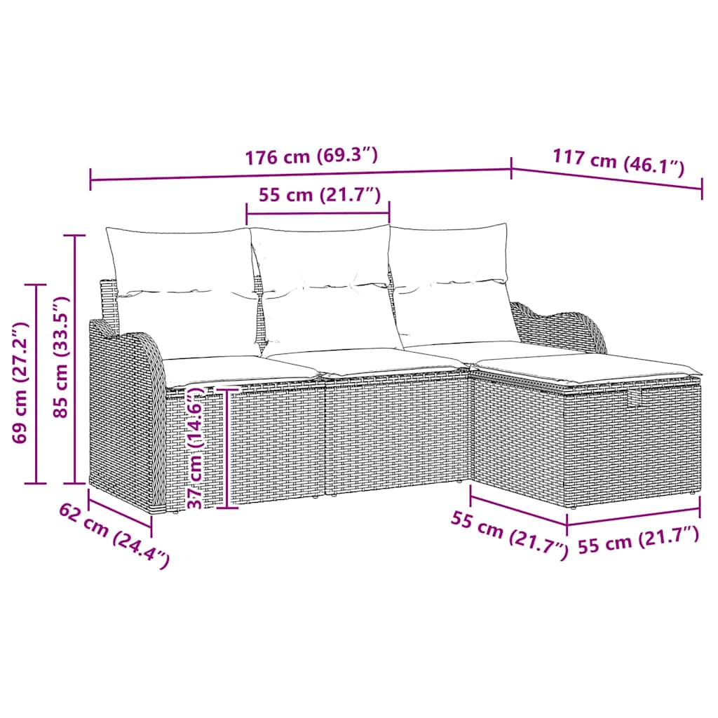 Gartensofa-set mit Kissen mit Speicher 4 pcs Grau Poly-Rattan