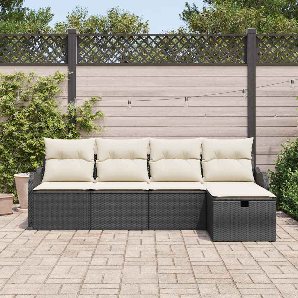 Garten-Sofa-Set mit Kissen 5 pcs Schwarz und Creme Poly Rattan