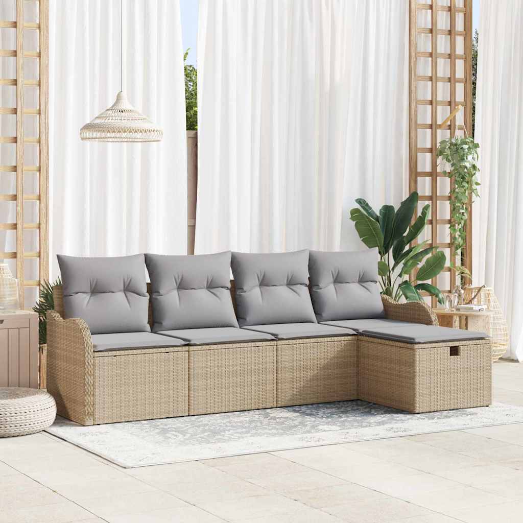 Garten-Sofa-Set mit Kissen 5 pcs Beige und Hellgrau Poly Rattan