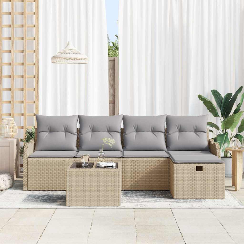 Gartensofa-set mit Kissen 6 pcs Beige und Hellgrau Poly-Rattan