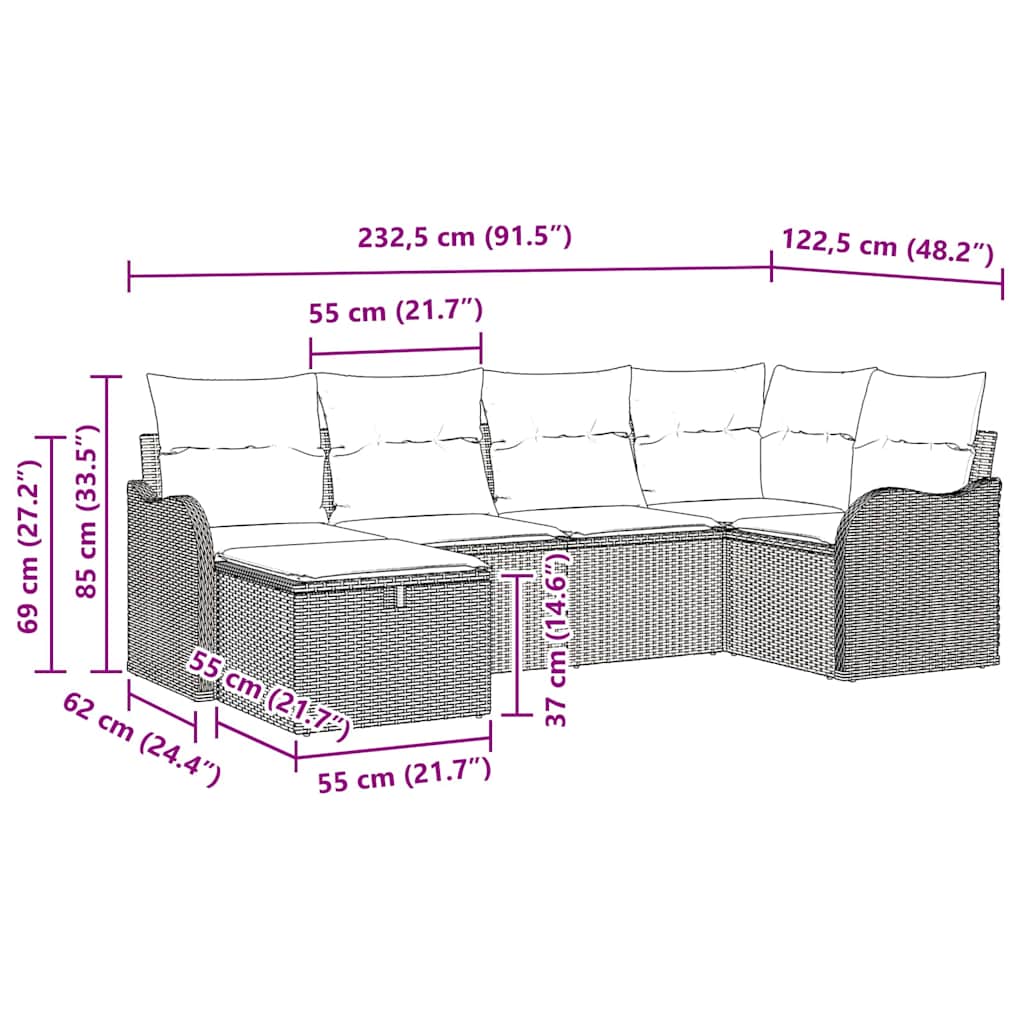 Garten-Sofa-Set mit Kissen 6 pcs Beige und Hellgrau Poly Rattan