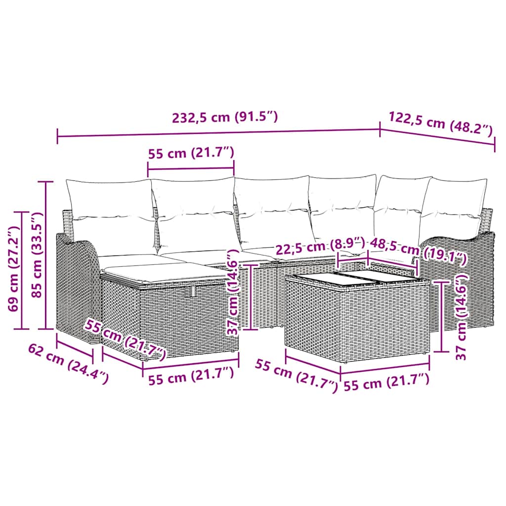 Garten-Sofa-Set mit Kissen 7 pcs Braun und Creme Poly Rattan