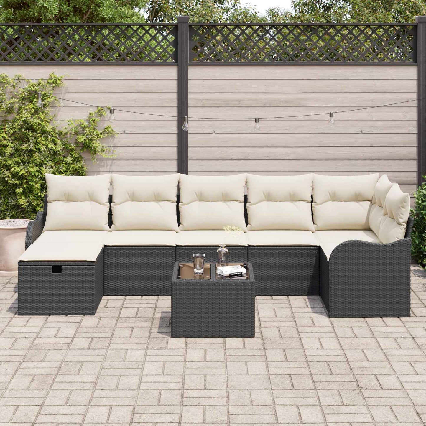 Sofa Set mit Kissen 8 pcs Schwarz und Creme Poly-Rattan