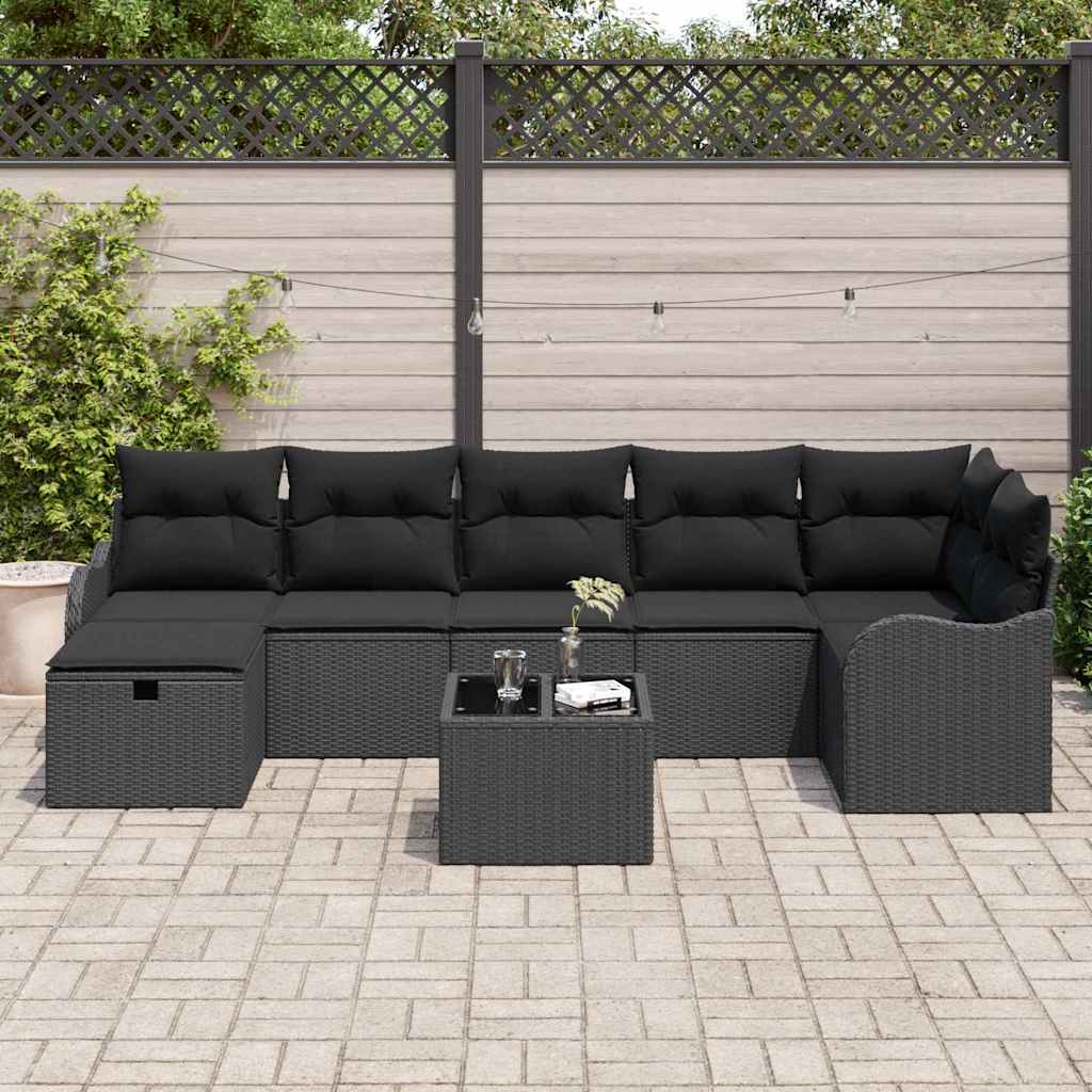 Sofa Set mit Kissen mit Speicher 8 pcs Schwarz Poly-Rattan