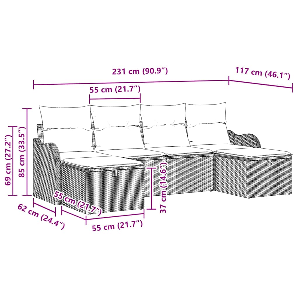 Sofa Set mit Kissen 6 pcs Schwarz und Creme Poly-Rattan