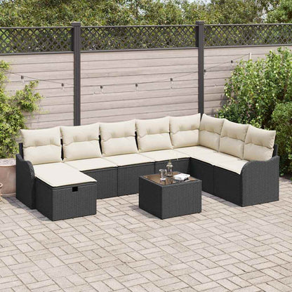Sofa Set mit Kissen 9 pcs Schwarz und Creme Poly-Rattan