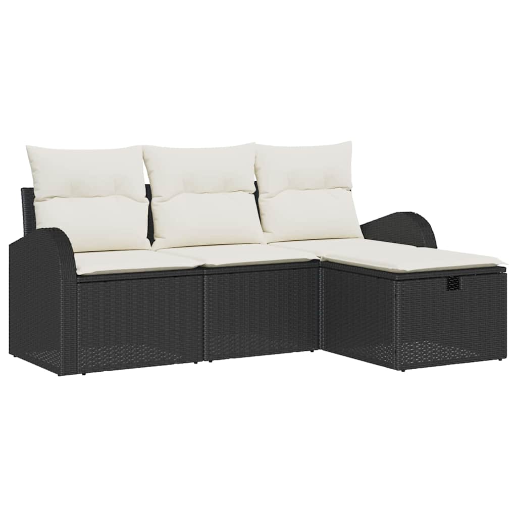 Sofa Set mit Kissen 4 pcs Schwarz und Creme Poly-Rattan