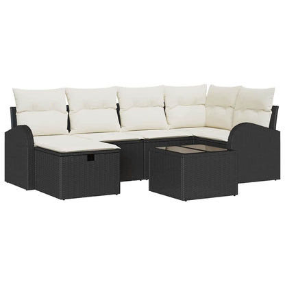 vidaXL Sofa Set mit Kissen 7 pcs Schwarz und Creme Poly-Rattan