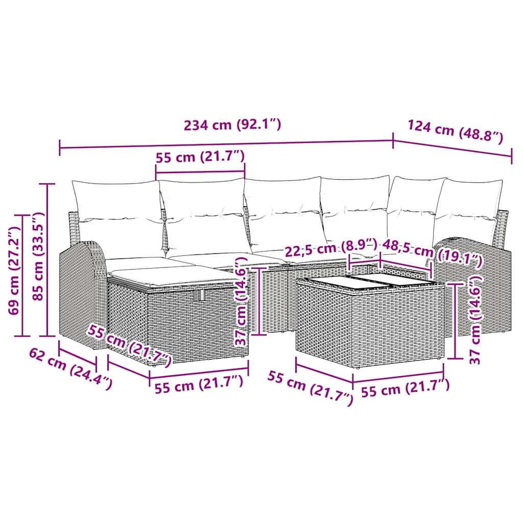 vidaXL Sofa Set mit Kissen 7 pcs Schwarz und Creme Poly-Rattan