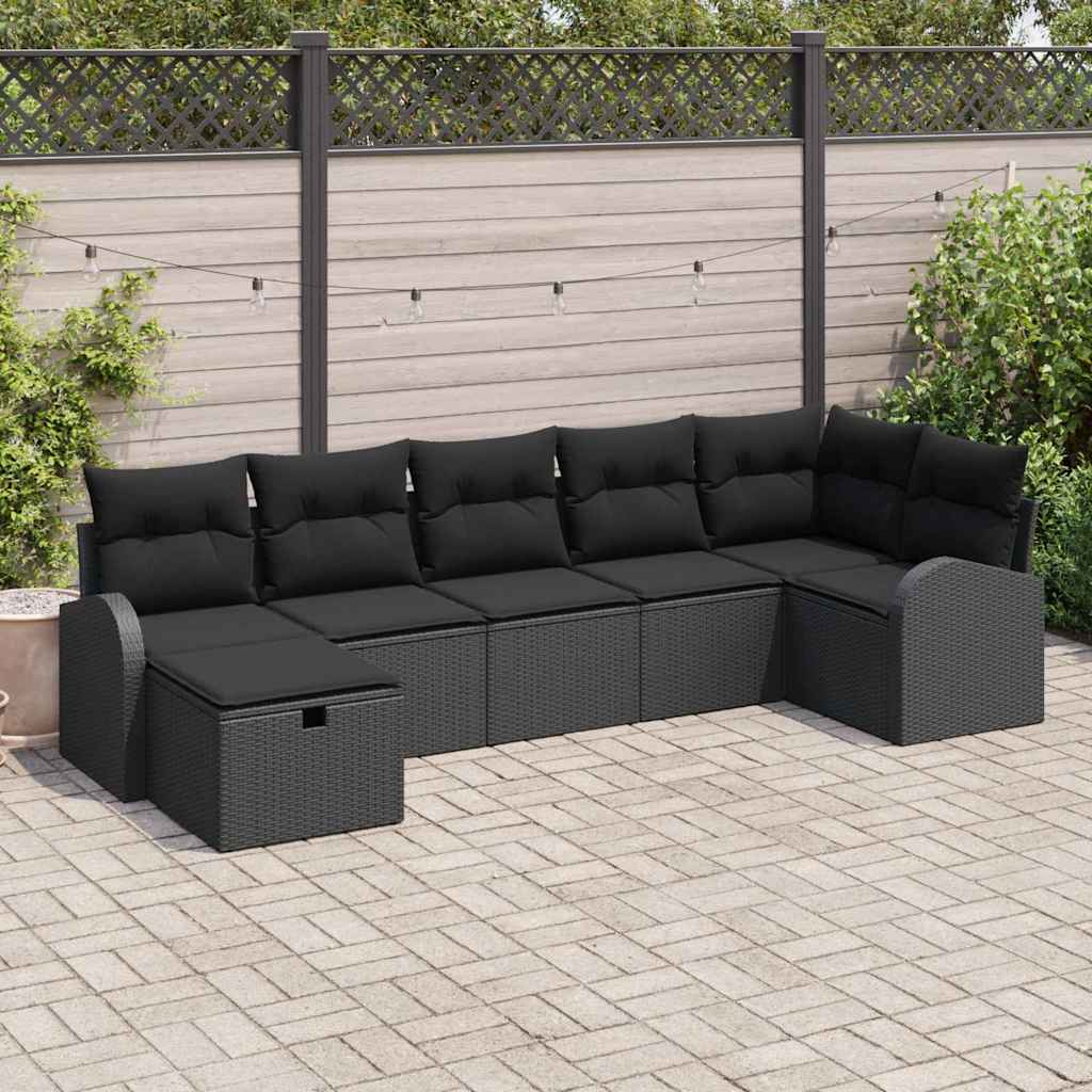 Sofa Set mit Kissen mit Speicher 7 pcs Schwarz Poly-Rattan