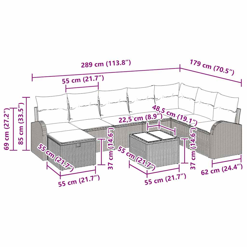 Sofa Set mit Kissen mit Speicher 9 pcs Grau Poly-Rattan