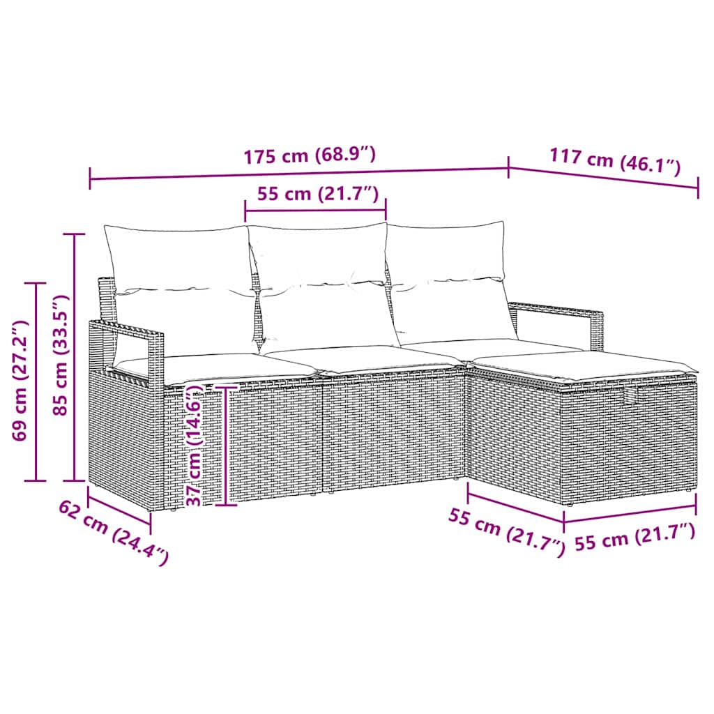 vidaXL Sofa Set mit Kissen 4 pcs Schwarz und Creme Poly-Rattan