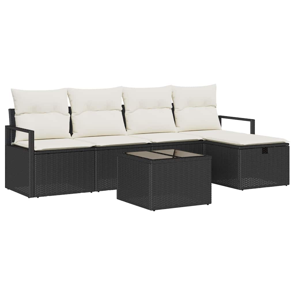 Sofa Set mit Kissen 6 pcs Schwarz und Creme Poly-Rattan