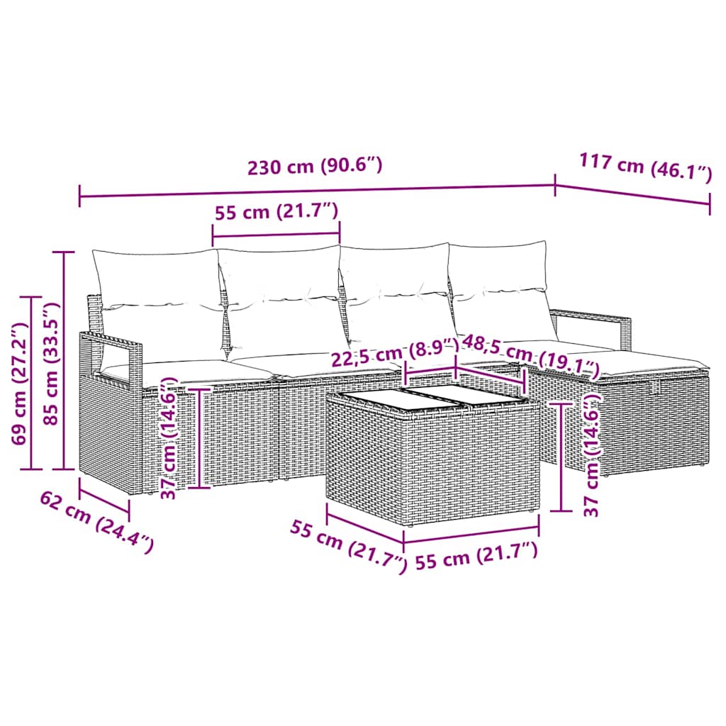 Sofa Set mit Kissen 6 pcs Schwarz und Creme Poly-Rattan