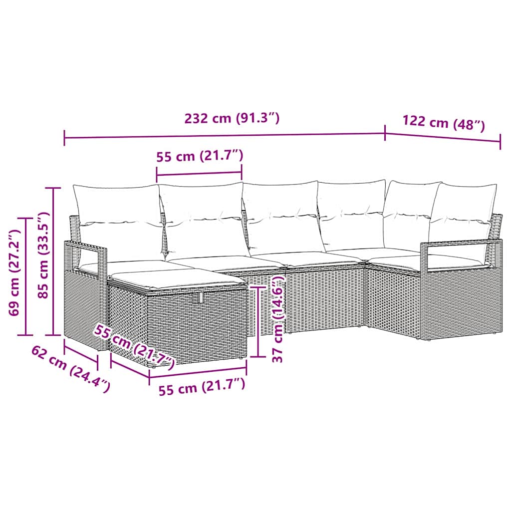Sofa Set mit Kissen 6 pcs Beige und Hellgrau Poly-Rattan